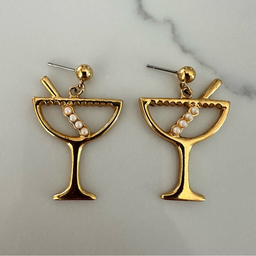 Avon Gold tone martini Glass Earrings with faux peal
